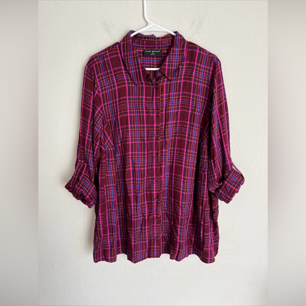 Lane Bryant Relaxed Button Plaid Shirt Women Size 18/20 Purple